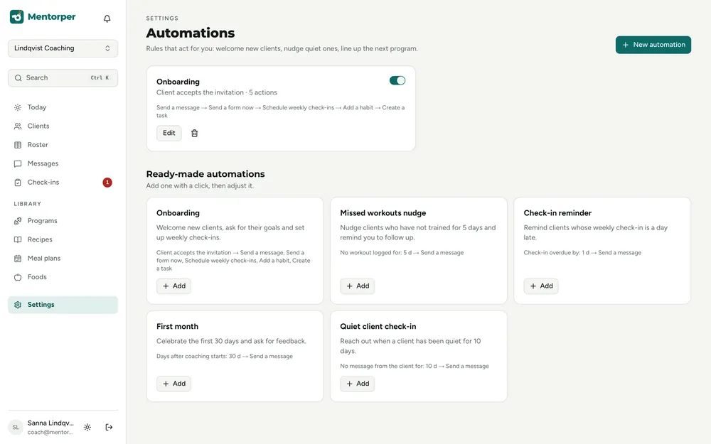 Automations: onboarding, missed workouts nudge and check-in reminders
