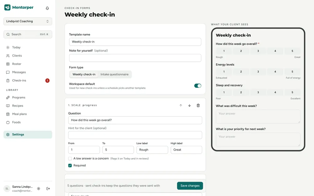 Check-in form builder with questions, scales and a live preview