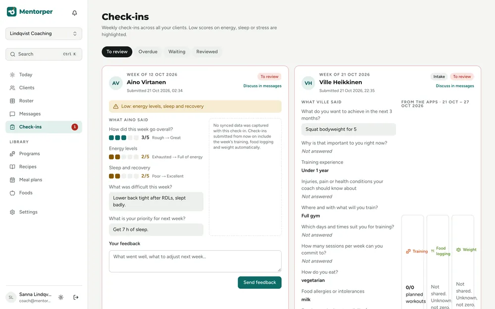 Check-in review queue with answers, scores and data from Bodyper and Eatper