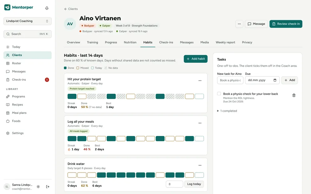 Aino's habits tab: protein, meal logging and water habits with a 14-day status strip and streaks