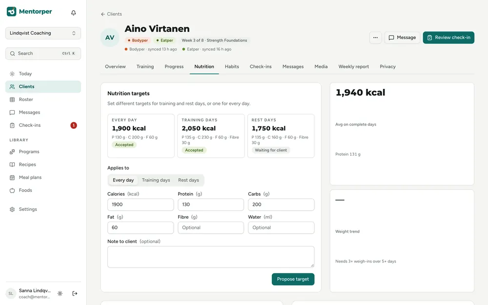 Aino's nutrition tab: separate calorie and macro targets for every day, training days and rest days, with acceptance status