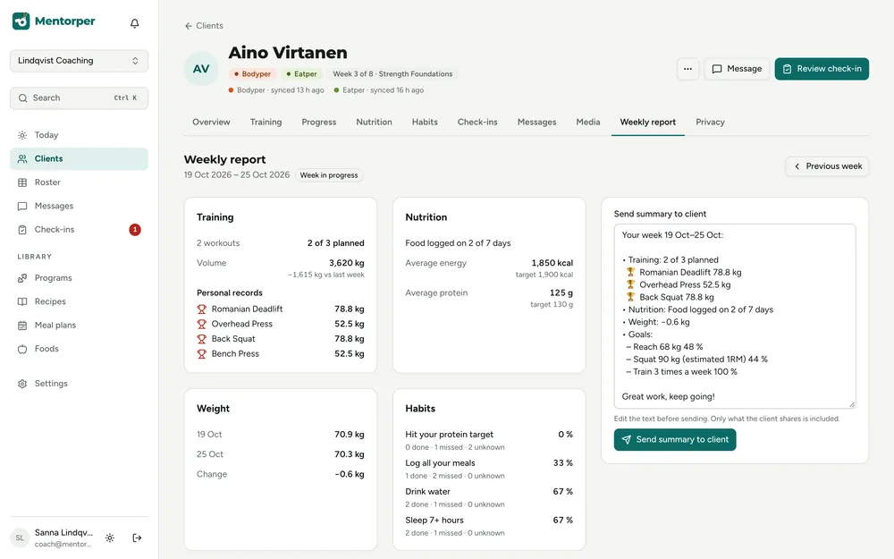 Aino's weekly report: training, nutrition, weight and habits summary ready to send