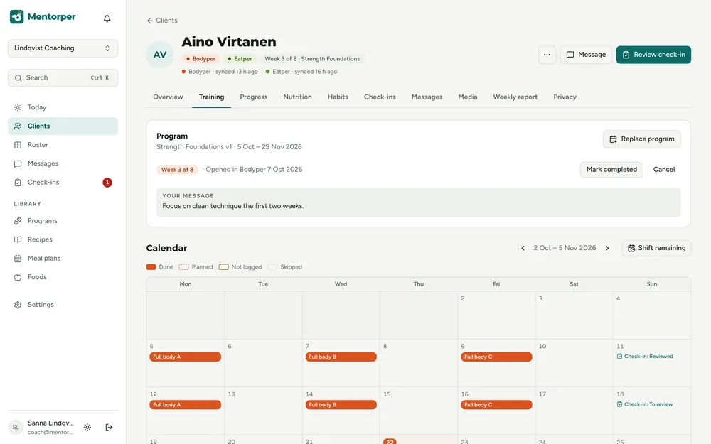 Aino's training tab: current Strength Foundations program and a calendar of done, planned and missed sessions