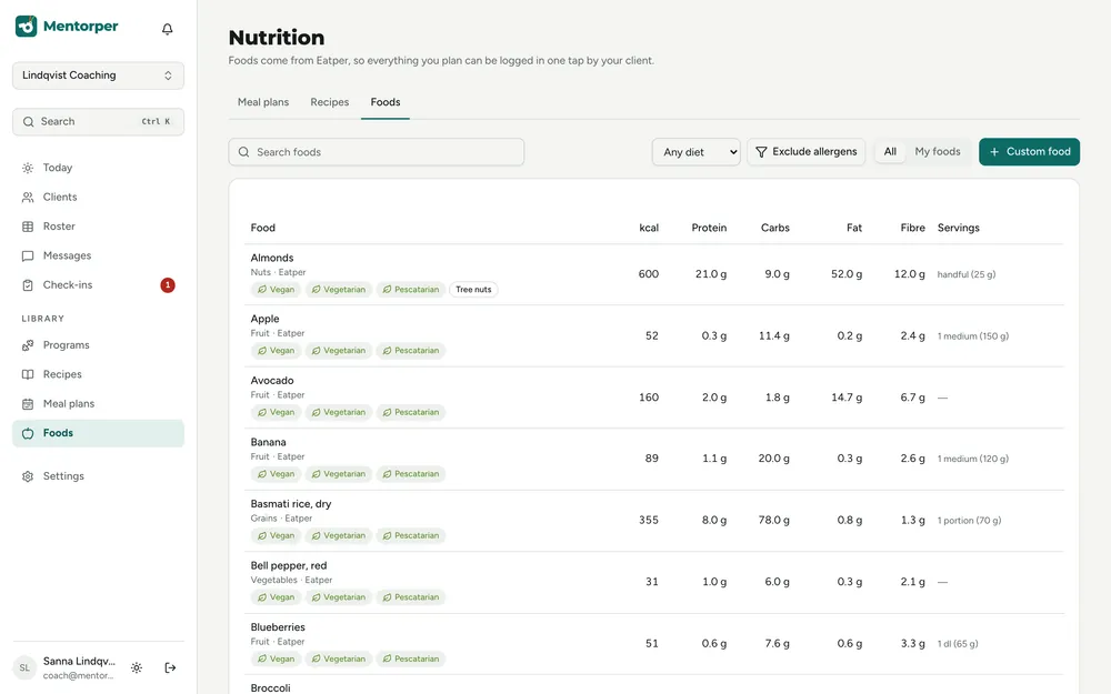 Food database with calories, macros, servings and diet tags