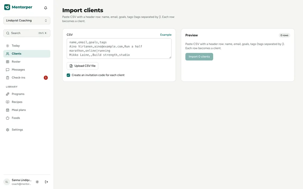 Import clients from a CSV file with a preview before inviting