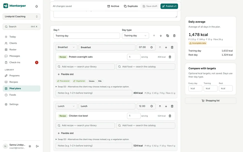 Meal plan day editor with day types, timed slots, recipes and flexible slots