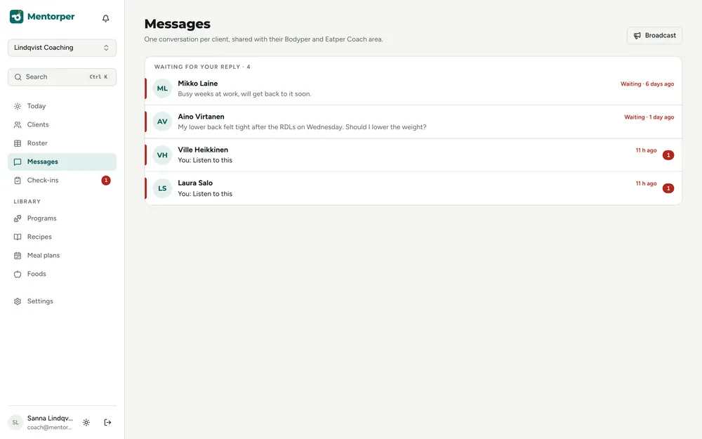 Messages inbox across clients, sorted by who is waiting for a reply