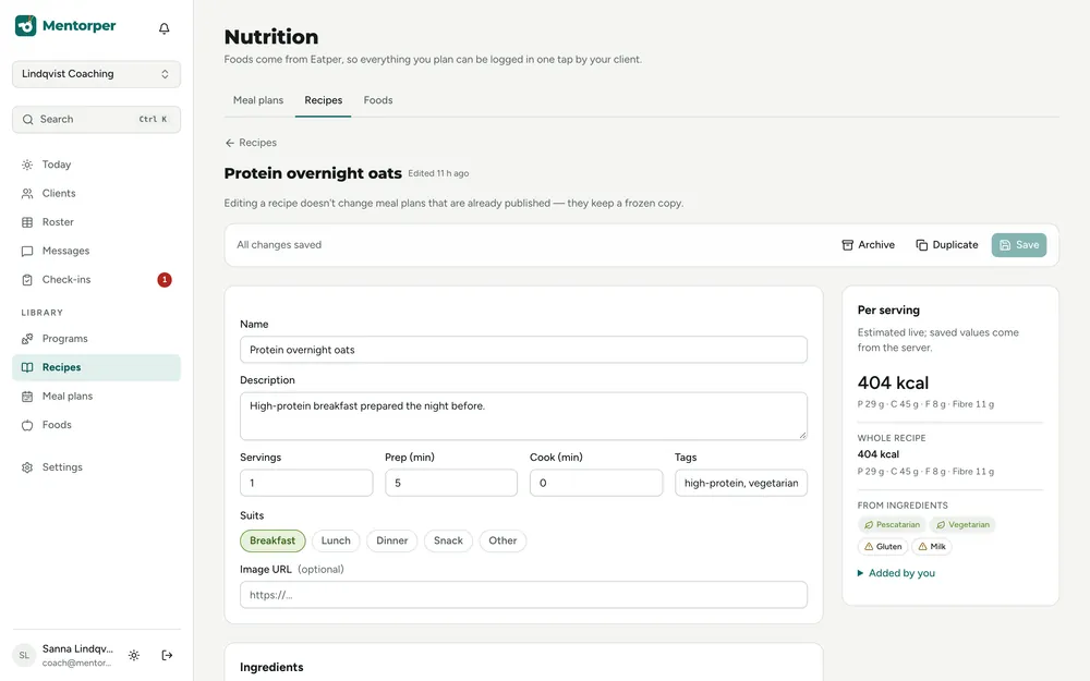Recipe editor for protein overnight oats with servings, nutrition and allergen tags