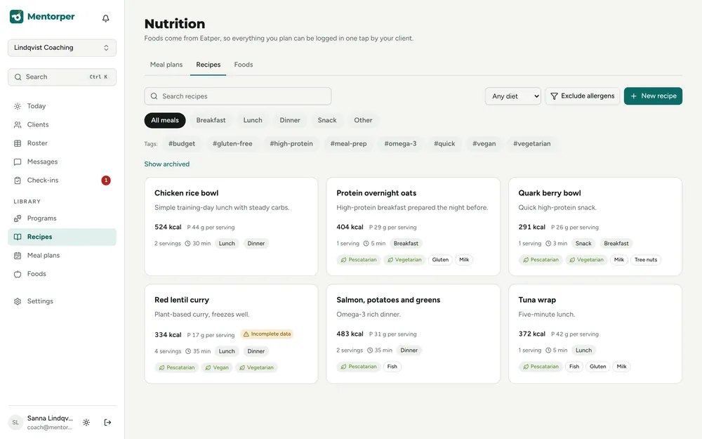 Recipe library with filters for meal type and allergens