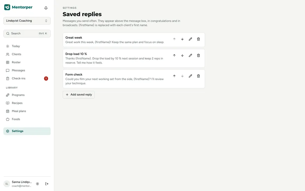 Saved replies for common coaching answers