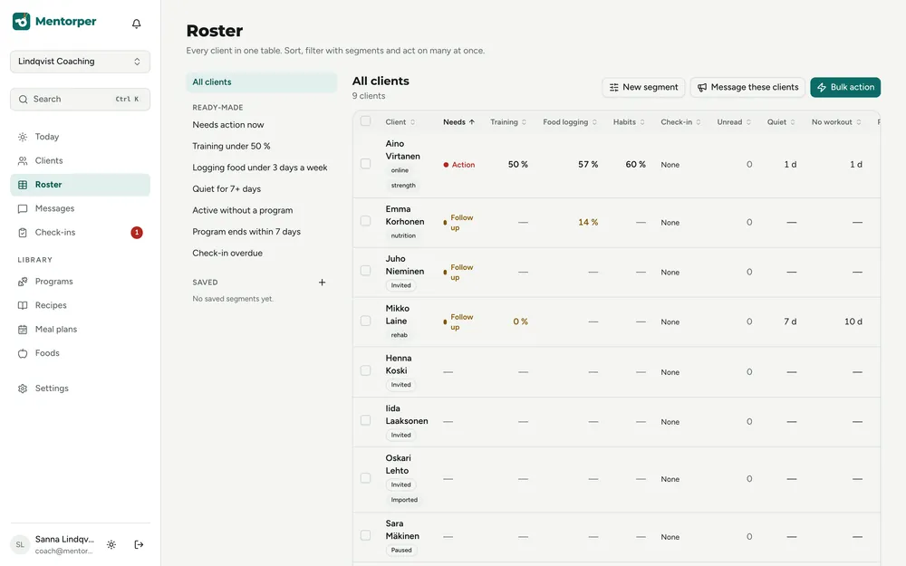 Roster table with ready-made segments such as Needs action now and Training under 50 %