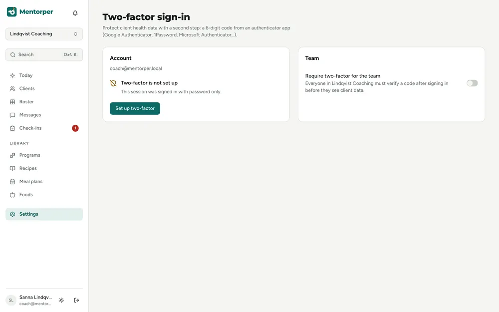 Two-factor sign-in settings for the account and the team