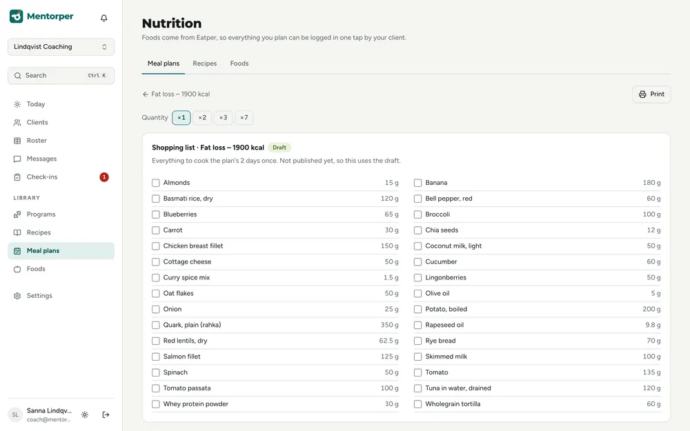 Shopping list generated from a meal plan, grouped by category