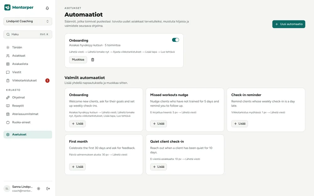 Automaatiot: perehdytys, väliin jääneet treenit ja muistutukset