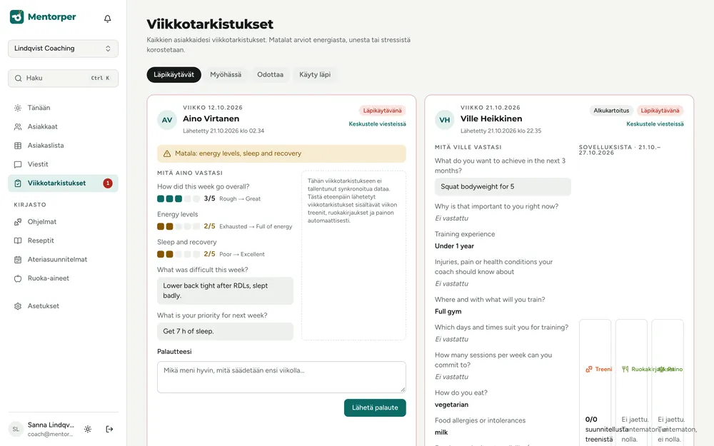 Tarkistusten jono vastauksineen sekä Bodyperin ja Eatperin tietoineen