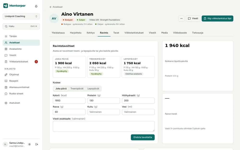 Ainon ravinto: omat kalori- ja makrotavoitteet joka päivälle, treenipäiville ja lepopäiville hyväksyntätilan kanssa
