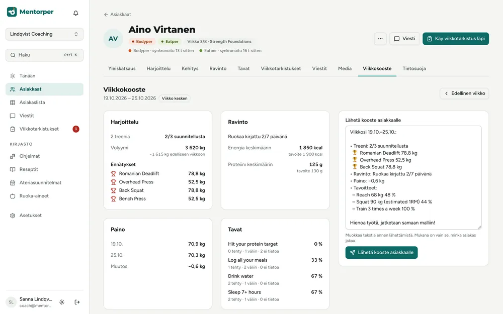 Ainon viikkoraportti: treenin, ravinnon, painon ja tapojen yhteenveto lähetettäväksi