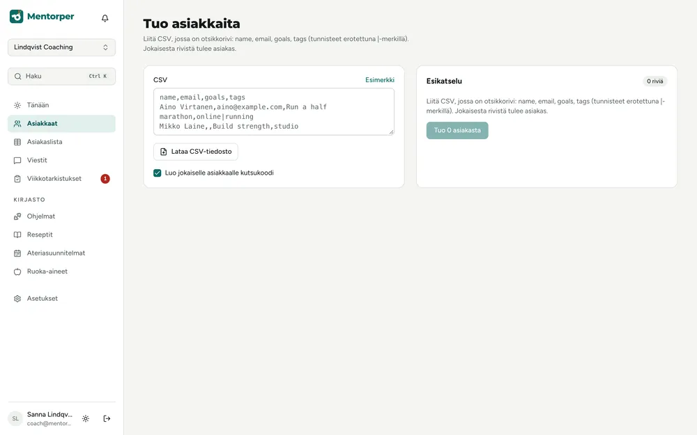 Asiakkaiden tuonti CSV-tiedostosta esikatselulla