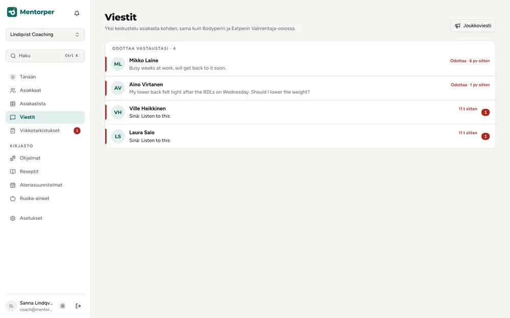 Viestit kaikilta asiakkailta, vastausta odottavat ensin