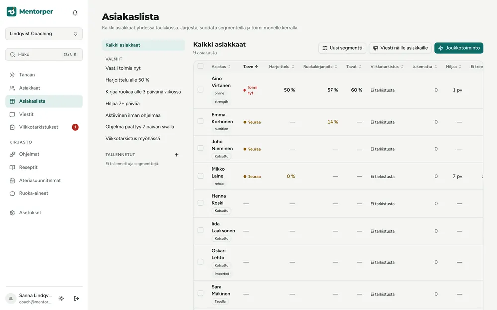 Asiakastaulukko valmiilla segmenteillä