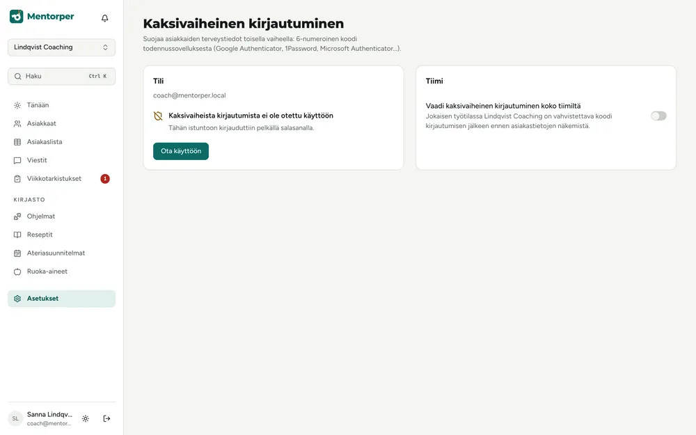 Kaksivaiheisen kirjautumisen asetukset