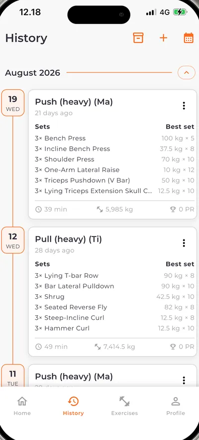 Bodyper workout history with sets and best sets