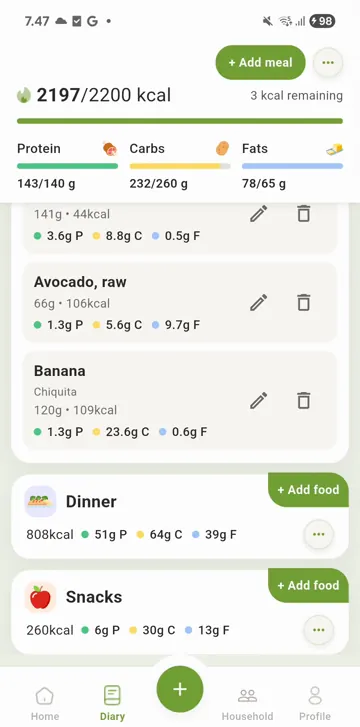 Eatper food diary with meals and macros