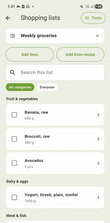 Eatper shopping list grouped by category
