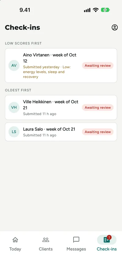 Check-ins waiting for review in the Mentorper mobile app