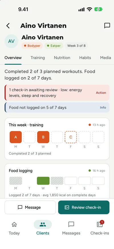 Client overview in the Mentorper mobile app