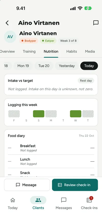 Nutrition day in the Mentorper mobile app, showing not logged instead of zero