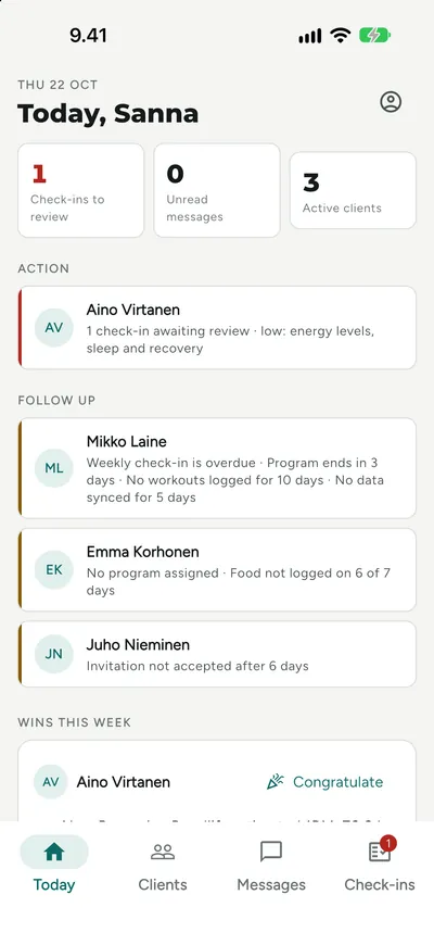 Mentorper mobile app Today screen with clients that need attention